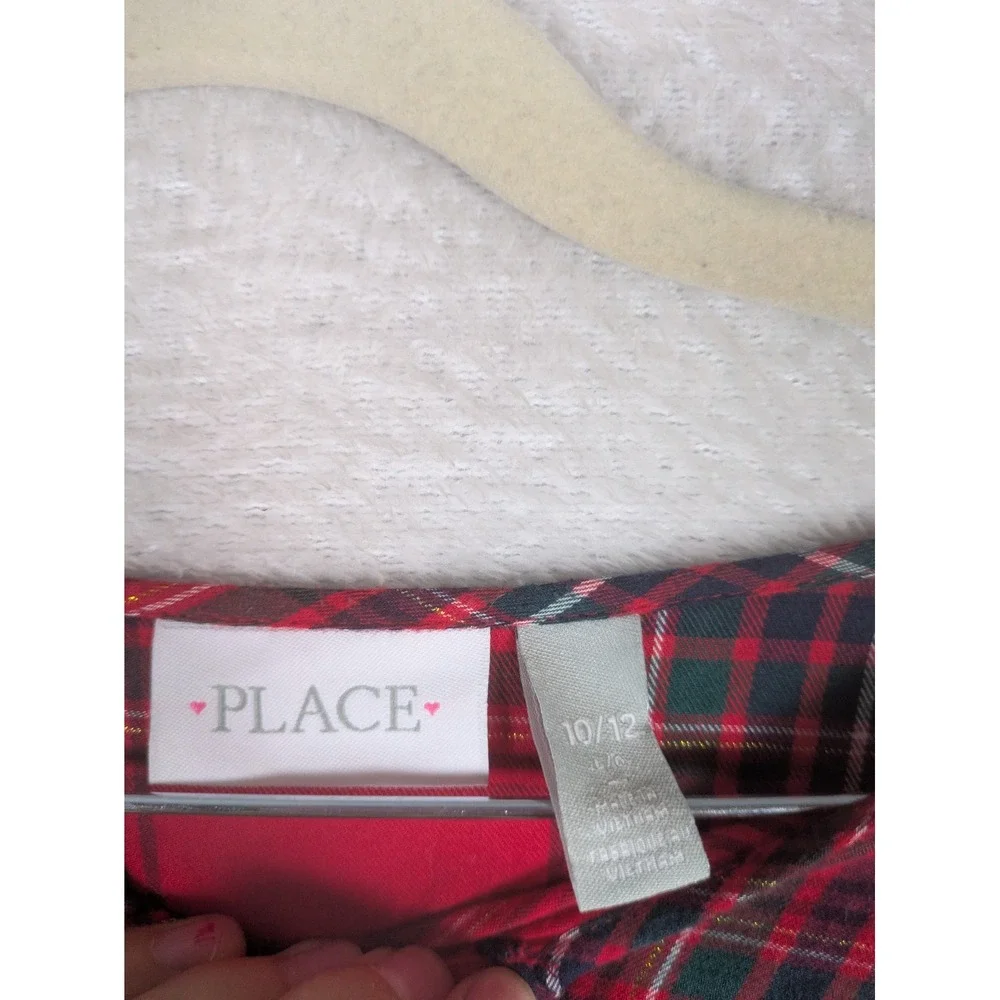 The Children's Place Plaid Dress Girl's 10/12 Red Metallic Long Sleeve Holiday